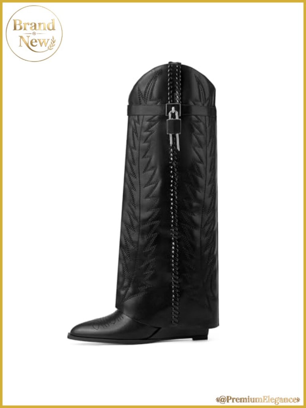 Women's Fold Over Knee High Western Cowboy Boots Embroidered Pointed Toe Wedge